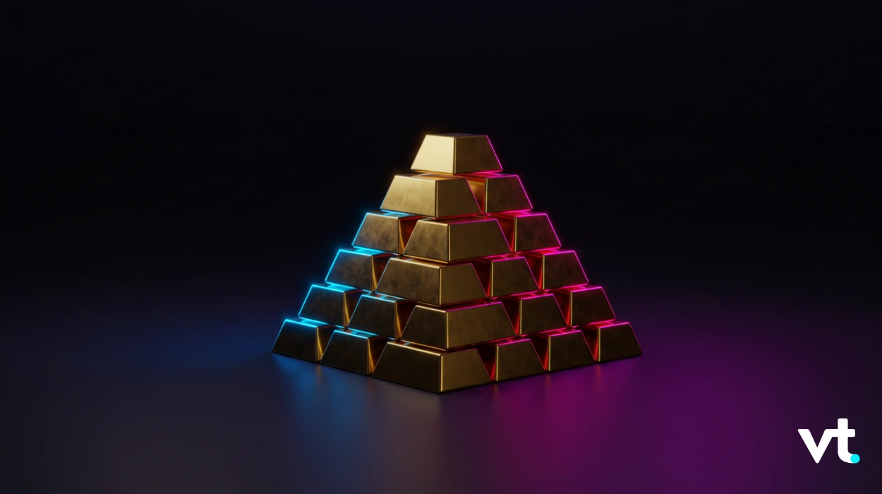Pyramid of gold bars illuminated with blue and pink neon edges on a dark background; VT logo bottom right.