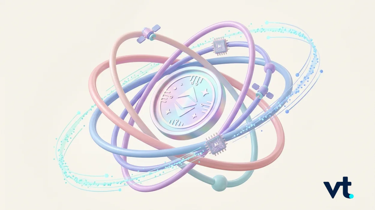 Abstract 3D orbital rings in pastel colors around a central circular emblem; VT logo in the bottom-right corner.