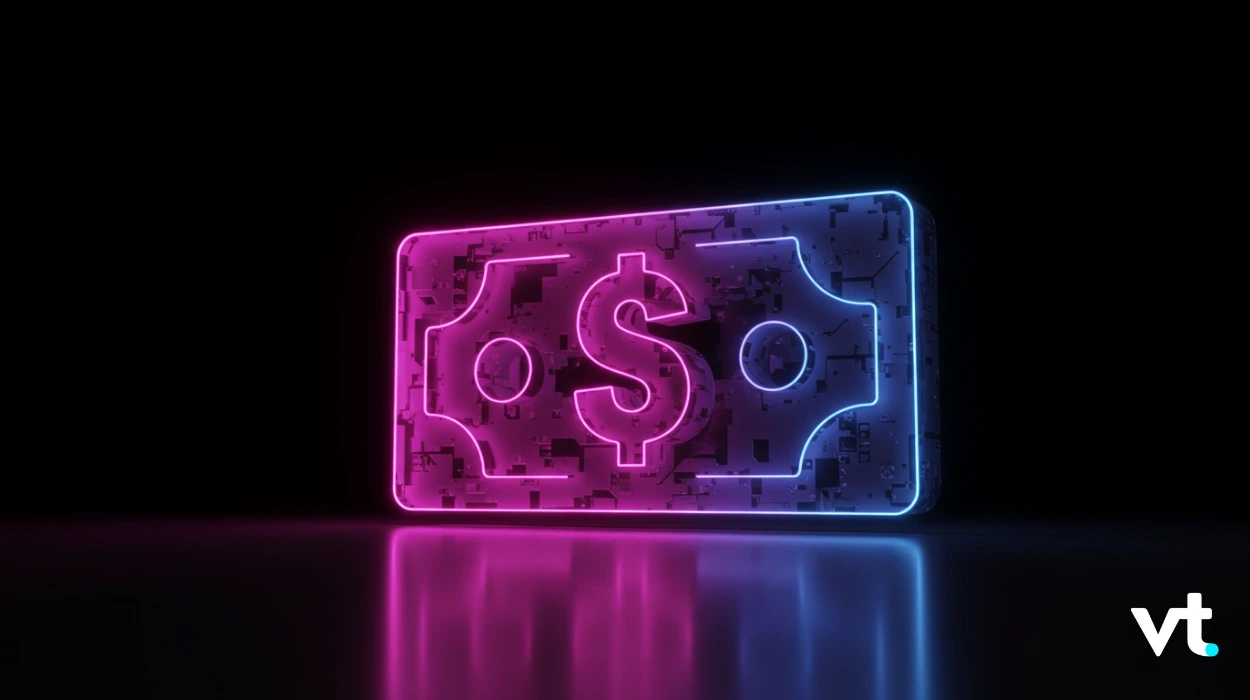 Neon pink-and-blue glowing card icon with a dollar symbol and circuit pattern, representing digital currency or fintech.