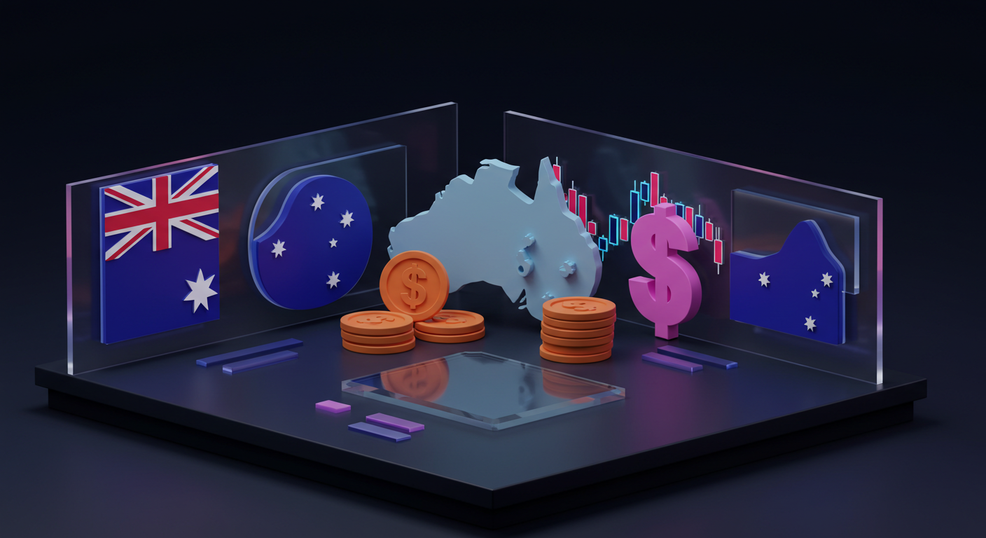 3D financial illustration of Australia: map, flag panels, coins, and a large dollar sign symbol with stock charts in the background.