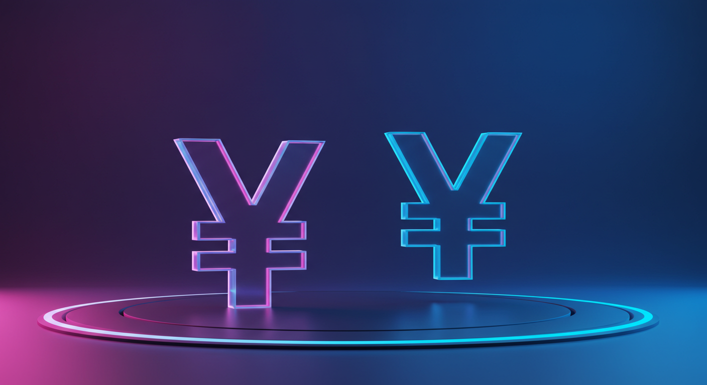 Neon pink yen symbol and blue yuan symbol floating above a glowing circular platform.
