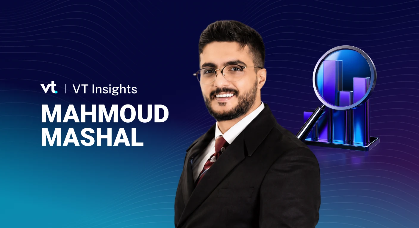 Professional portrait: Mahmoud Mashal in a dark suit with VT Insights branding and a bar-chart graphic in blue background.