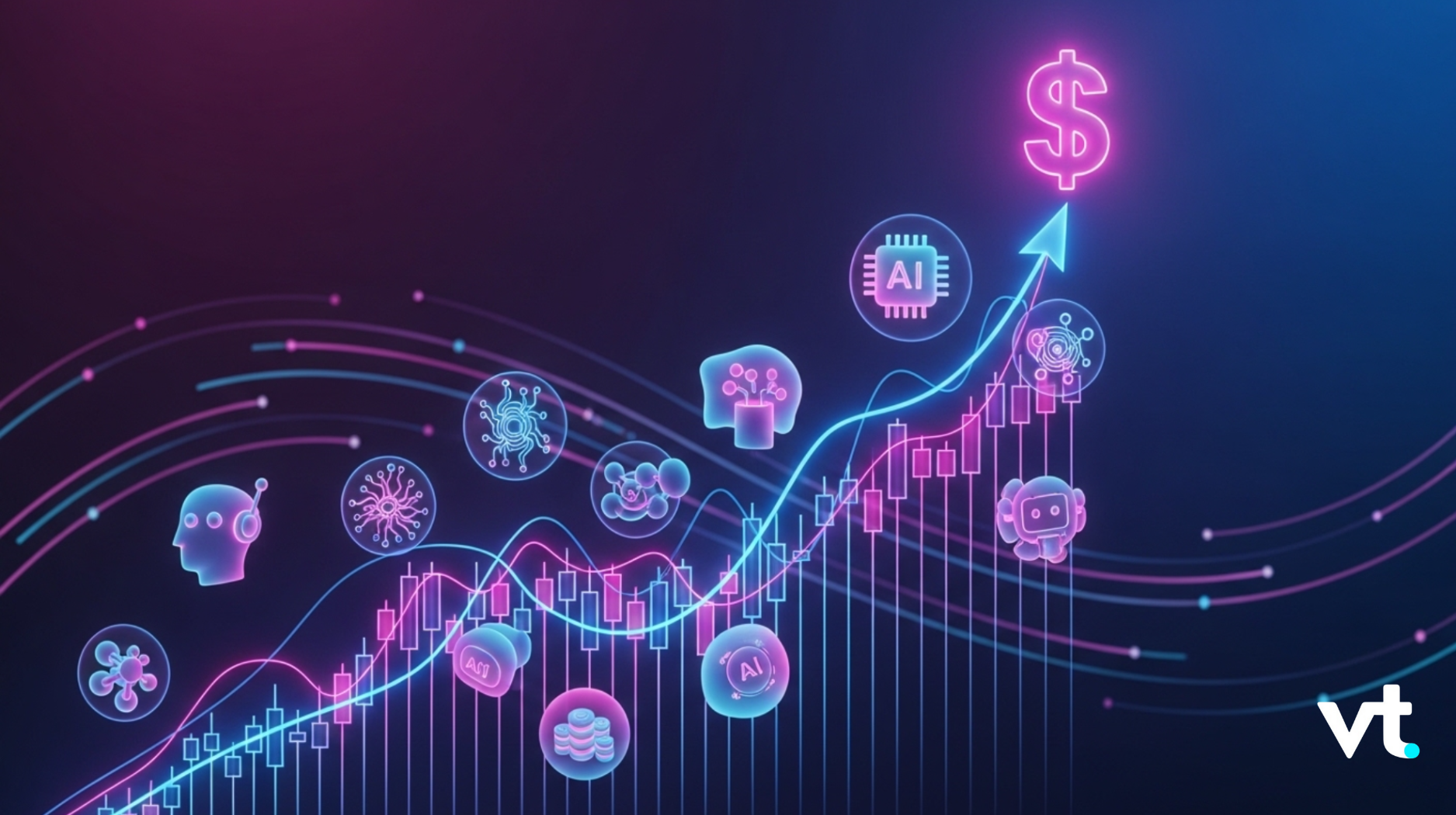Neon finance illustration showing an upward-growing chart with AI and tech icons and a glowing dollar symbol (vt logo bottom right).