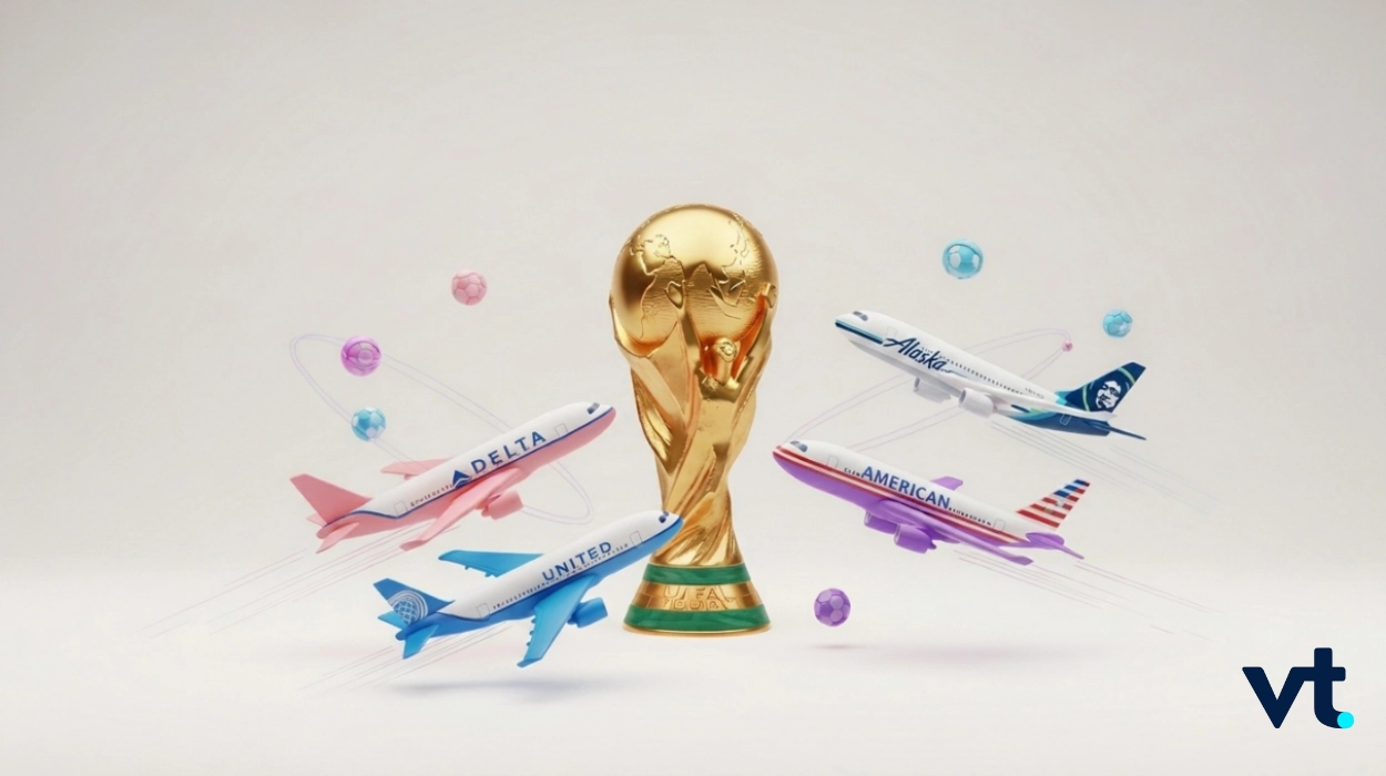 Golden World Cup trophy surrounded by colorful airplanes from Delta, United, American, and Alaska Airlines, with a VT logo in the corner.