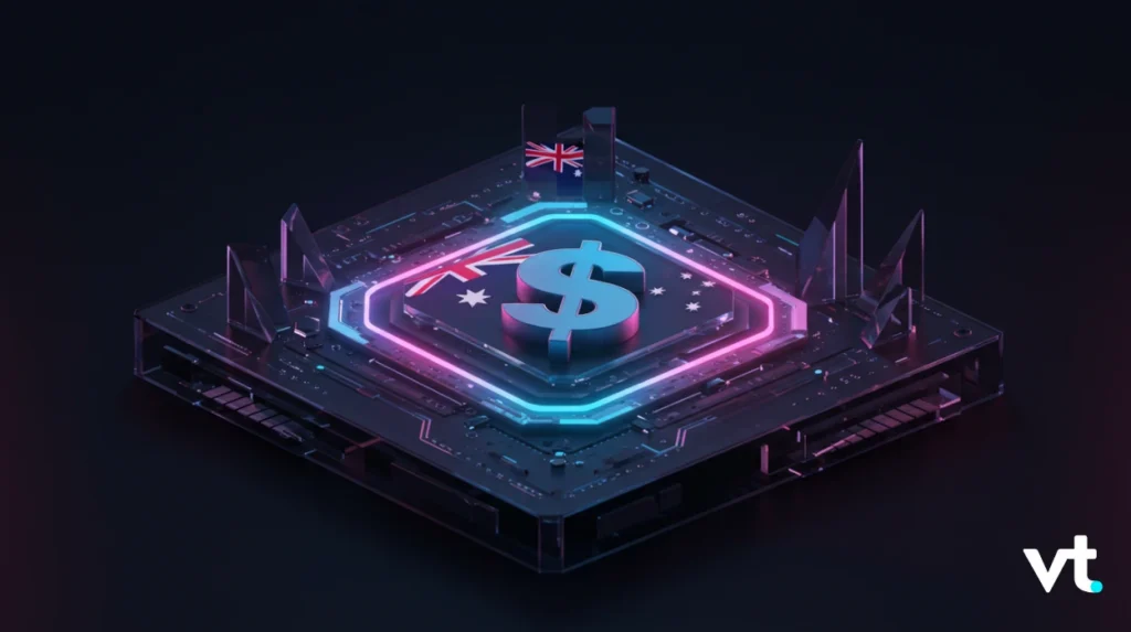 Futuristic neon-lit chip with a glowing dollar sign, Australian flag, and pink/blue lighting, VT logo in the corner.