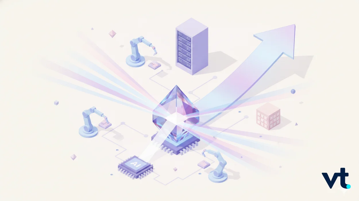 Abstract AI and automation illustration with robotic arms around a glowing crystal core and an upward-rising light arrow.