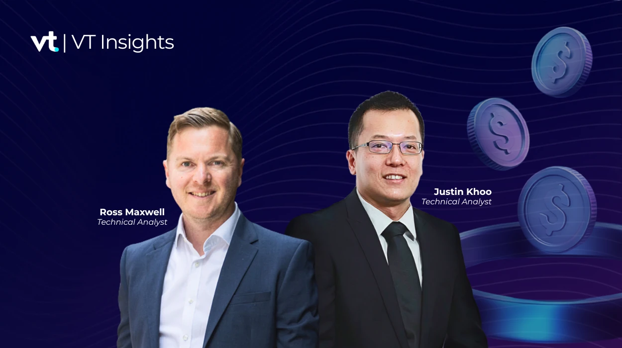 VT Insights banner showing two analysts, Ross Maxwell and Justin Khoo, with their titles (Technical Analyst) on a dark blue background and floating coin graphics in the right side.