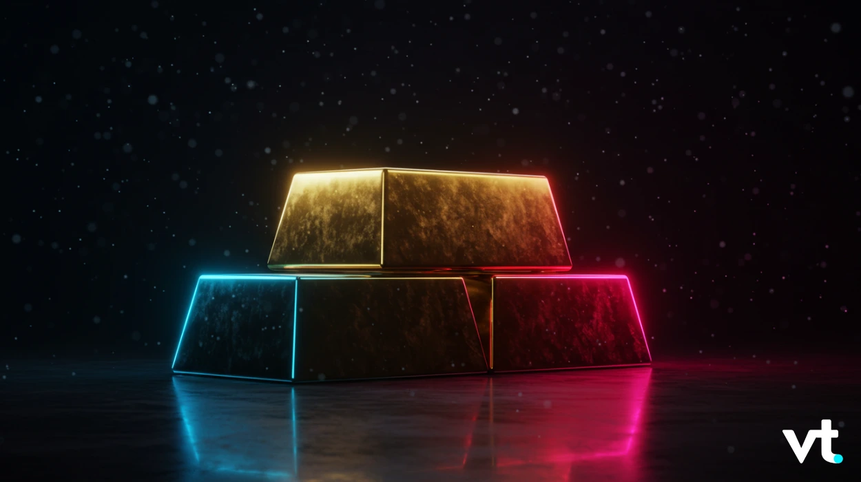 Three glowing gold bars stacked in a pyramid on a dark reflective surface, with blue, yellow, and pink neon edges and a small vt logo in the bottom-right corner.