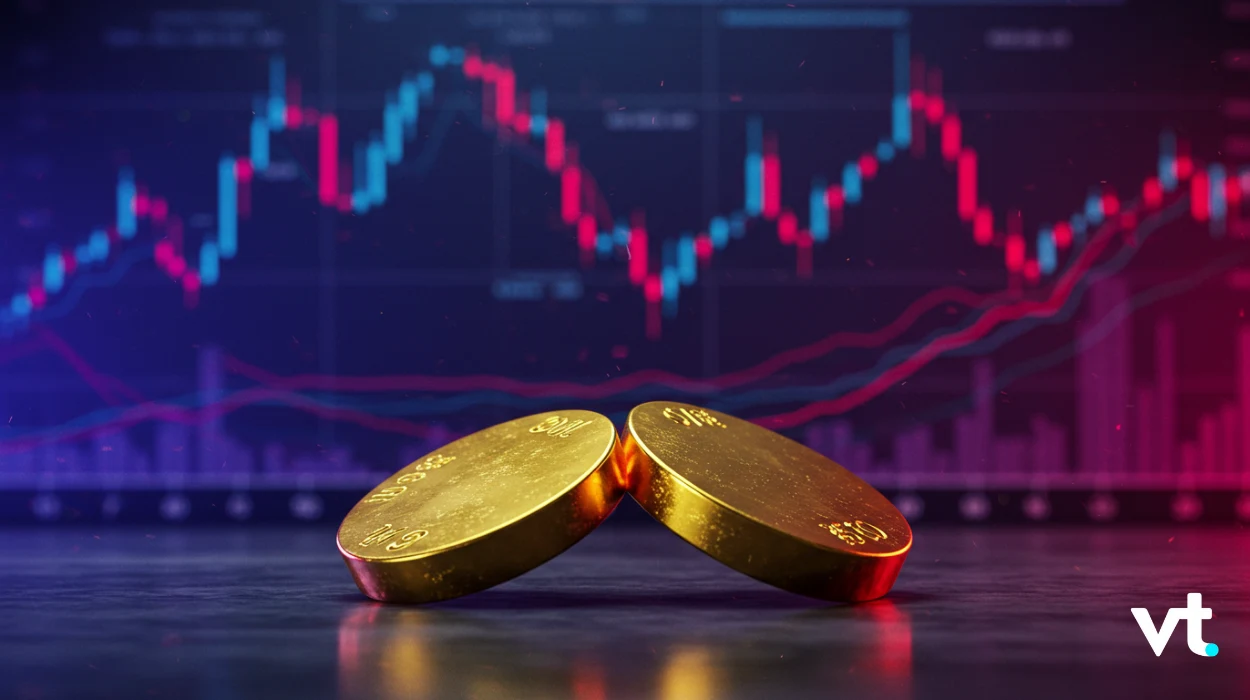 Two gold coins leaning together on a dark trading chart with blue and red candlesticks in the background.