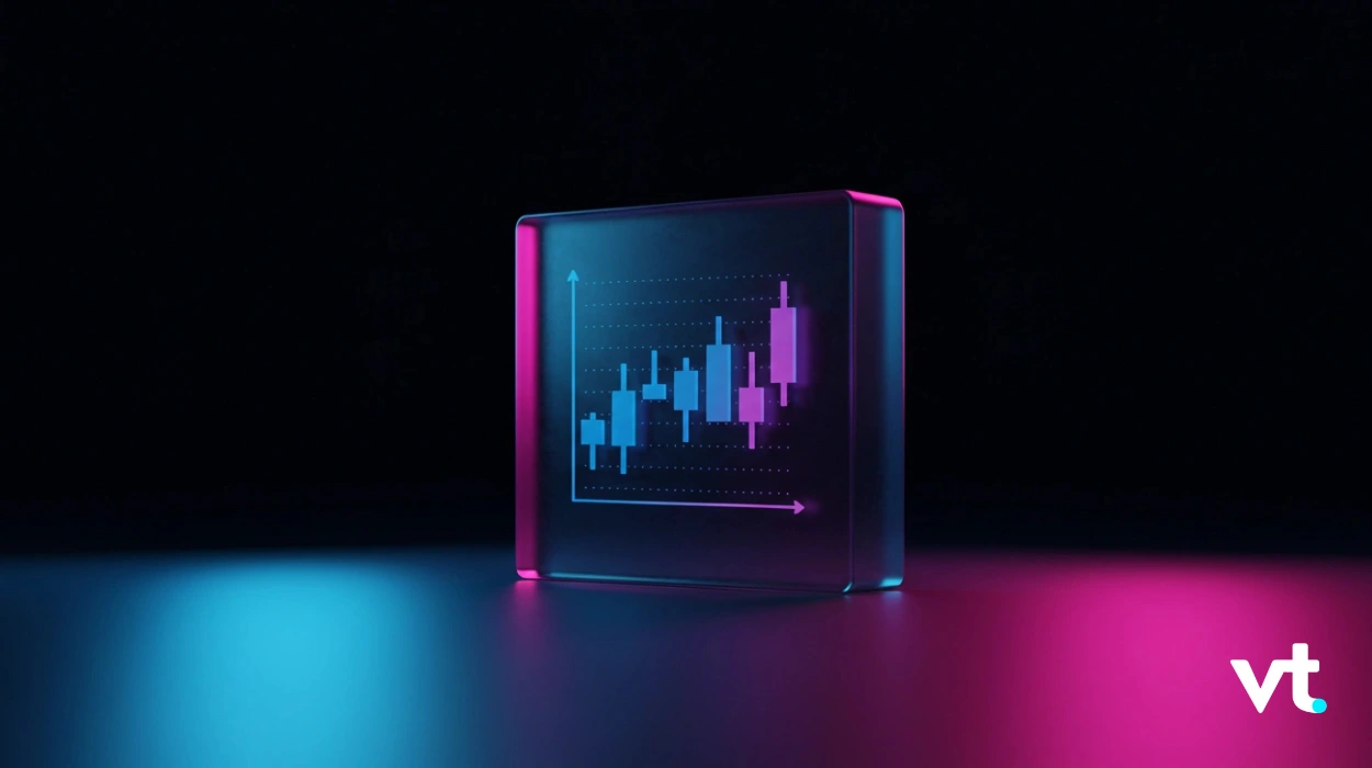 Neon-lit glass cube showing a blue and pink stock chart, with a VT logo in the bottom right.