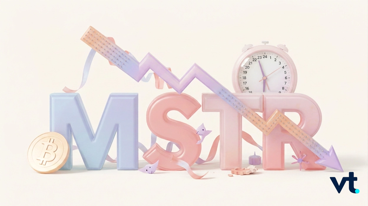 Pastel letters spelling 'MSTR' with a downward zigzag arrow, a Bitcoin coin, and a clock, signaling a falling market trend.