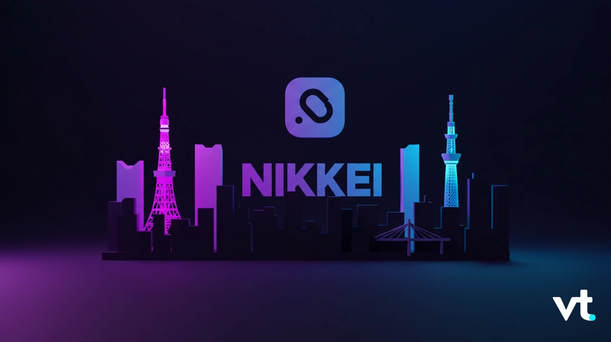 Purple–blue city skyline silhouette with the word NIKKEI and a rounded app icon above; vt logo bottom-right.