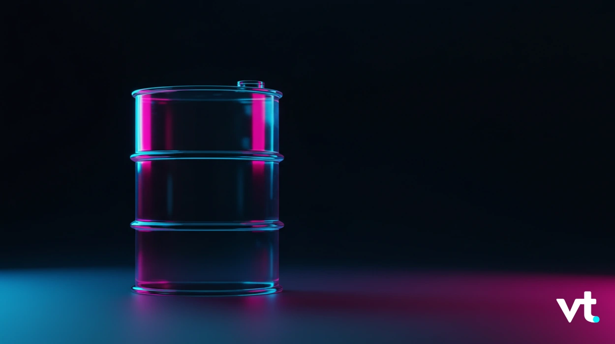 Neon-lit metal oil drum on a dark surface with blue and pink highlights, VT logo in the bottom right corner.