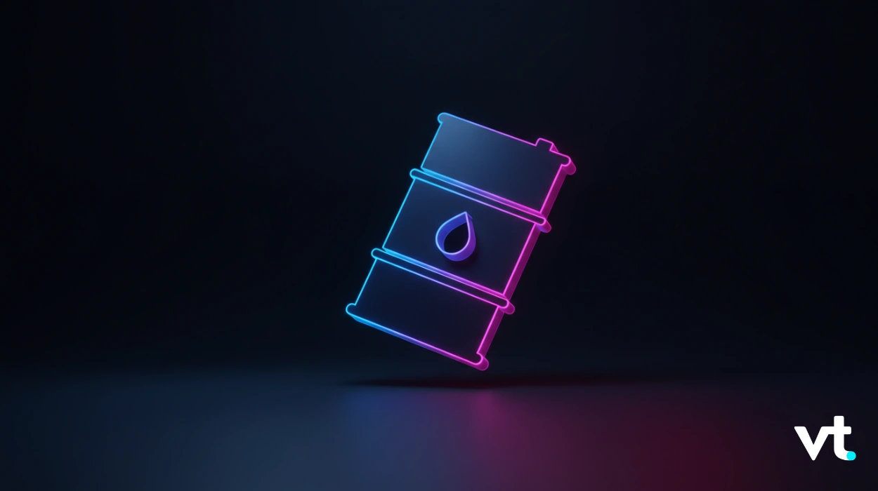 Neon blue-pink outline of an oil drum with a droplet symbol, hovering above a reflective surface; VT logo bottom-right.