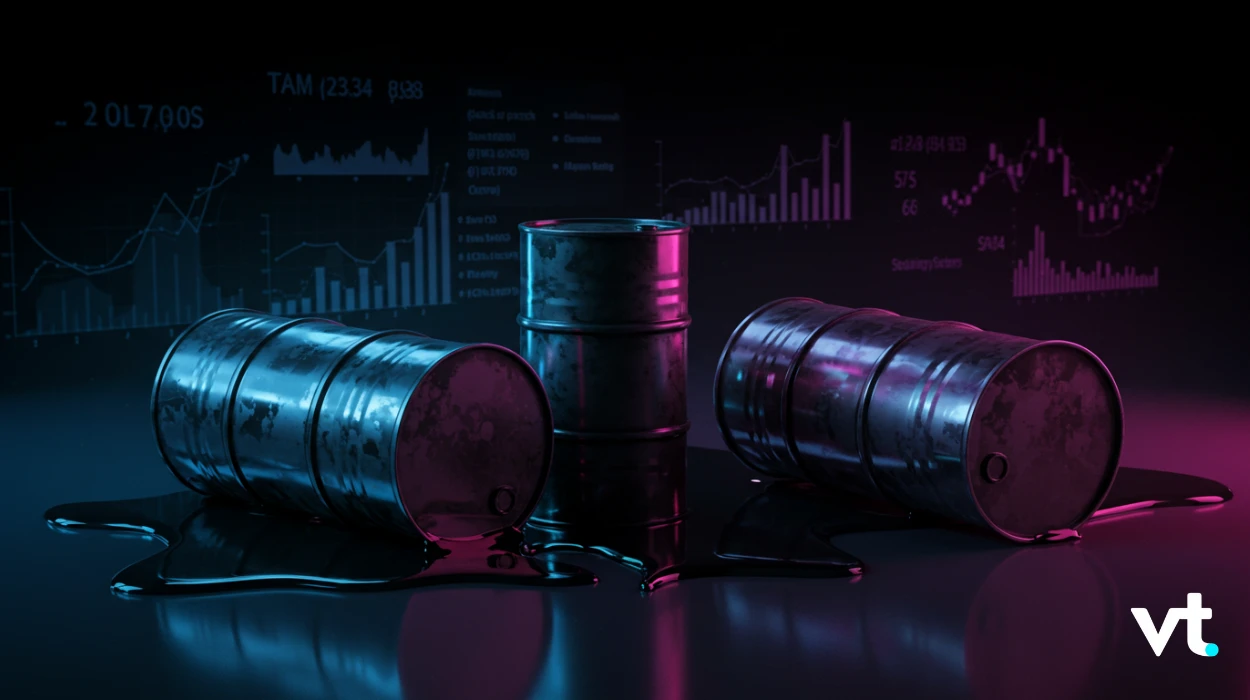 Three metallic oil barrels on a glossy surface with blue and magenta neon lighting, stock market charts glowing in the background (VT logo bottom right).