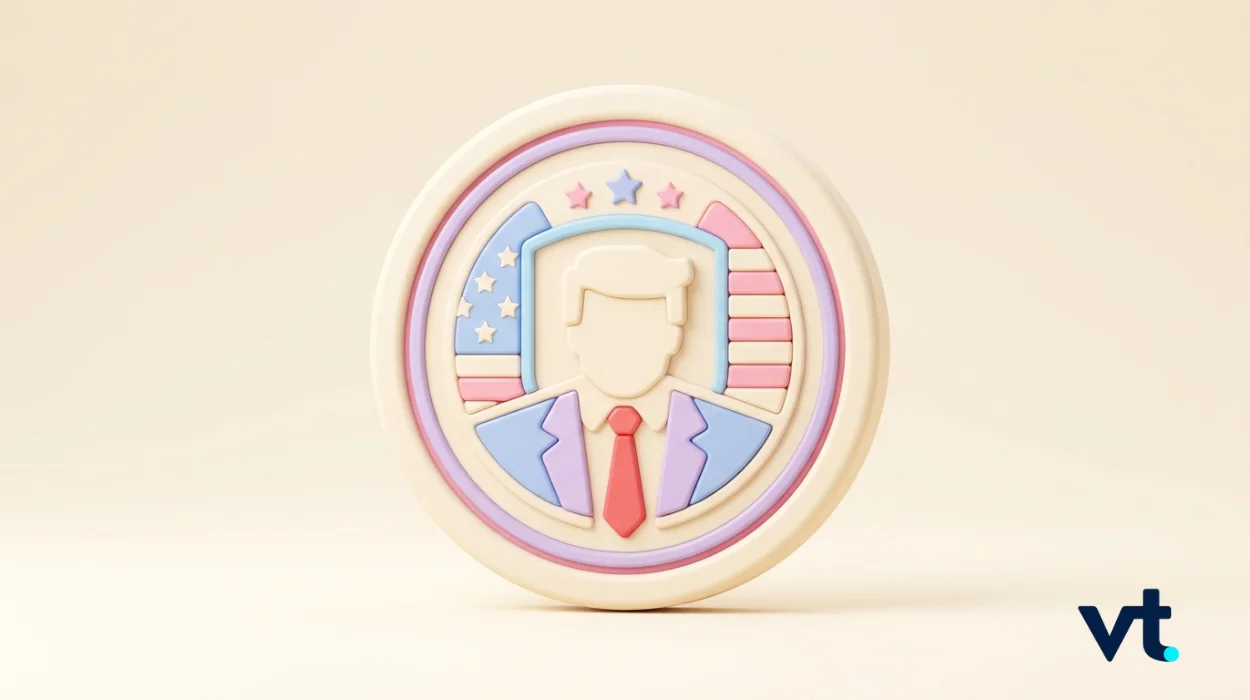 Pastel circular badge with a businessperson silhouette in a suit and red tie, framed by starry and flag motifs; VT logo bottom-right.