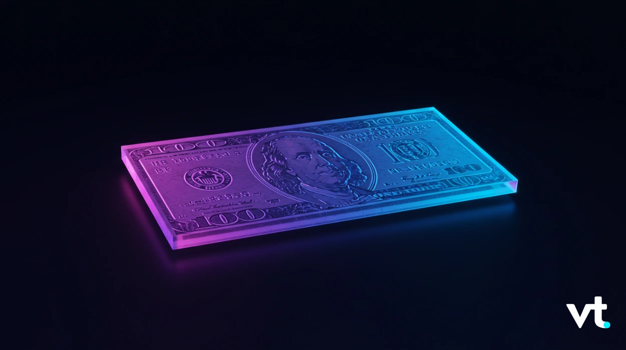 Neon-lit stack of a U.S. dollar bill on a dark surface, glowing purple and blue with a VT logo in the corner.