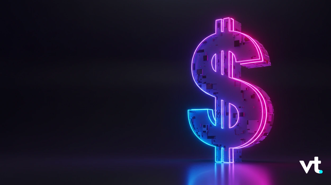 Neon-lit dollar sign sculpture with a pixelated texture glowing blue and magenta against a dark background, VT logo in the corner.