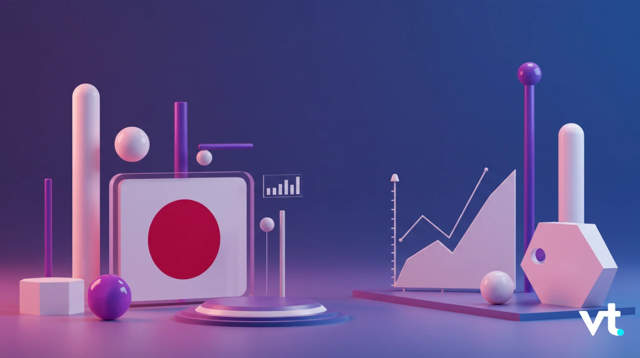 Abstract 3D data visualization scene with geometric shapes, bars, and a line chart on a purple-pink gradient background, vt logo in corner.