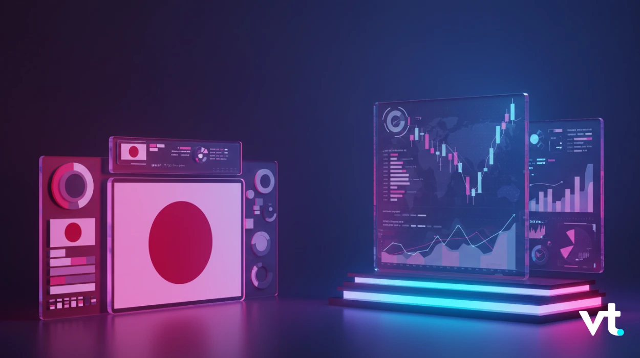 Futuristic data dashboards on glass screens with neon lighting and glowing platforms; VT logo in the corner.