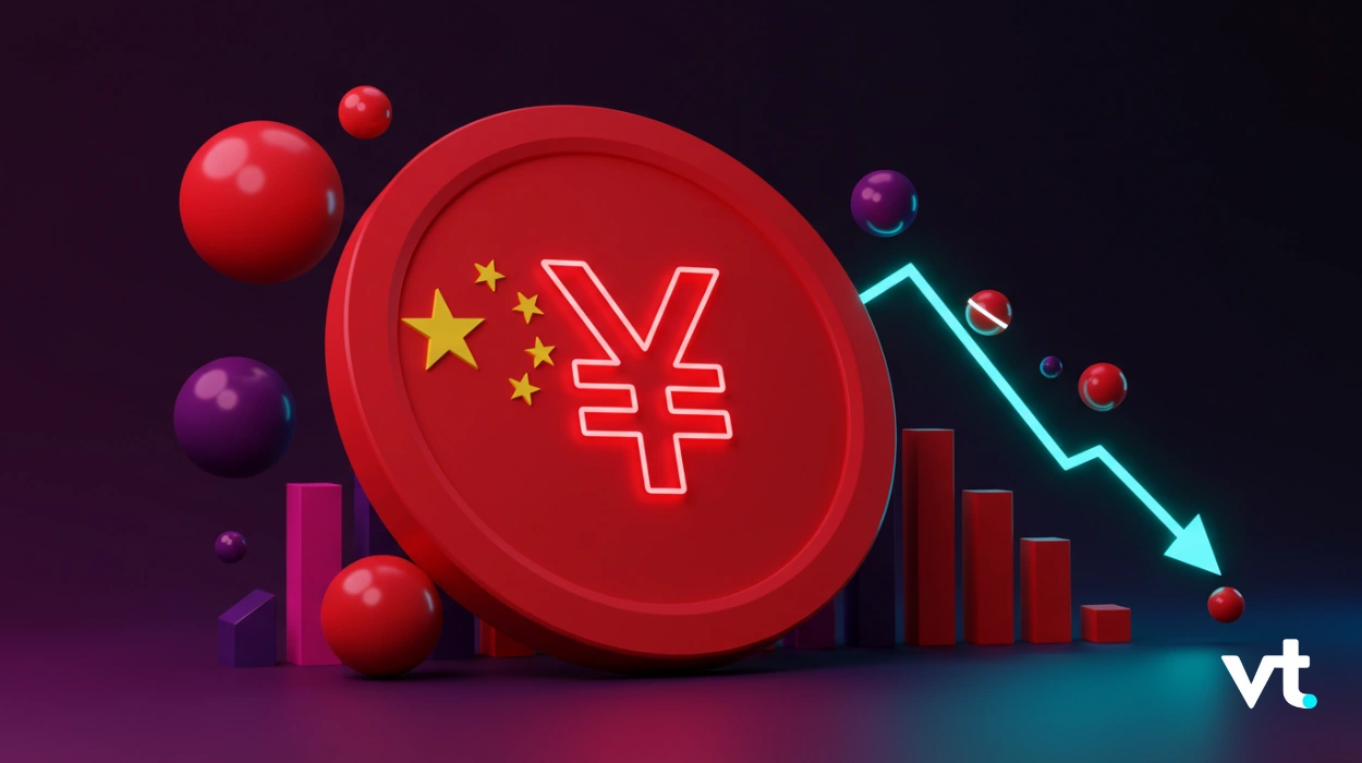 Red coin featuring a glowing yuan symbol with the Chinese flag, next to a downward-trending chart and bar graph with colorful spheres. vt logo in the corner.