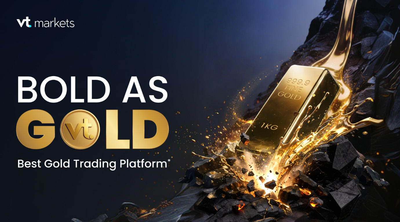VT Markets logo with the slogan 'BOLD AS GOLD' and a glowing gold bar tumbling over dark rocks, conveying luxury gold trading.