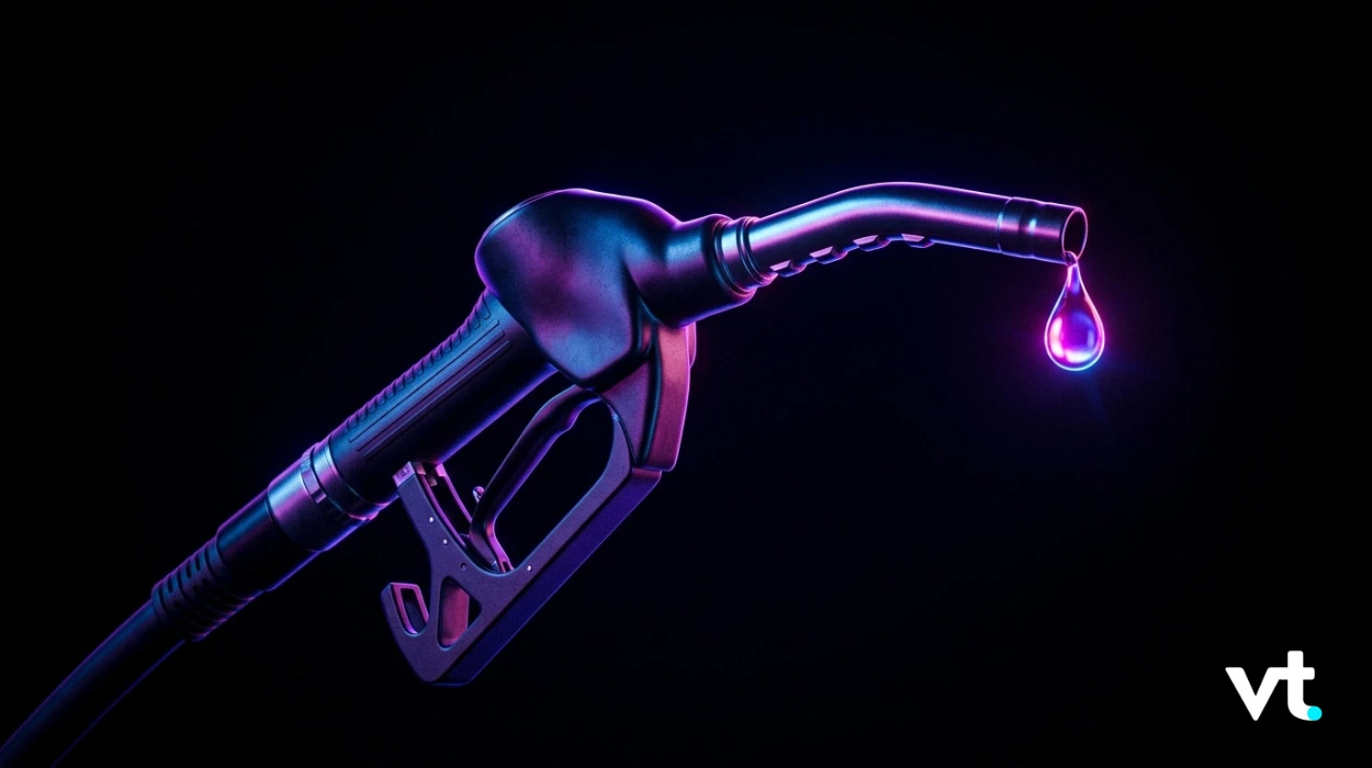 Neon-lit gas pump nozzle with a glowing purple droplet against a dark background; VT logo in the corner.