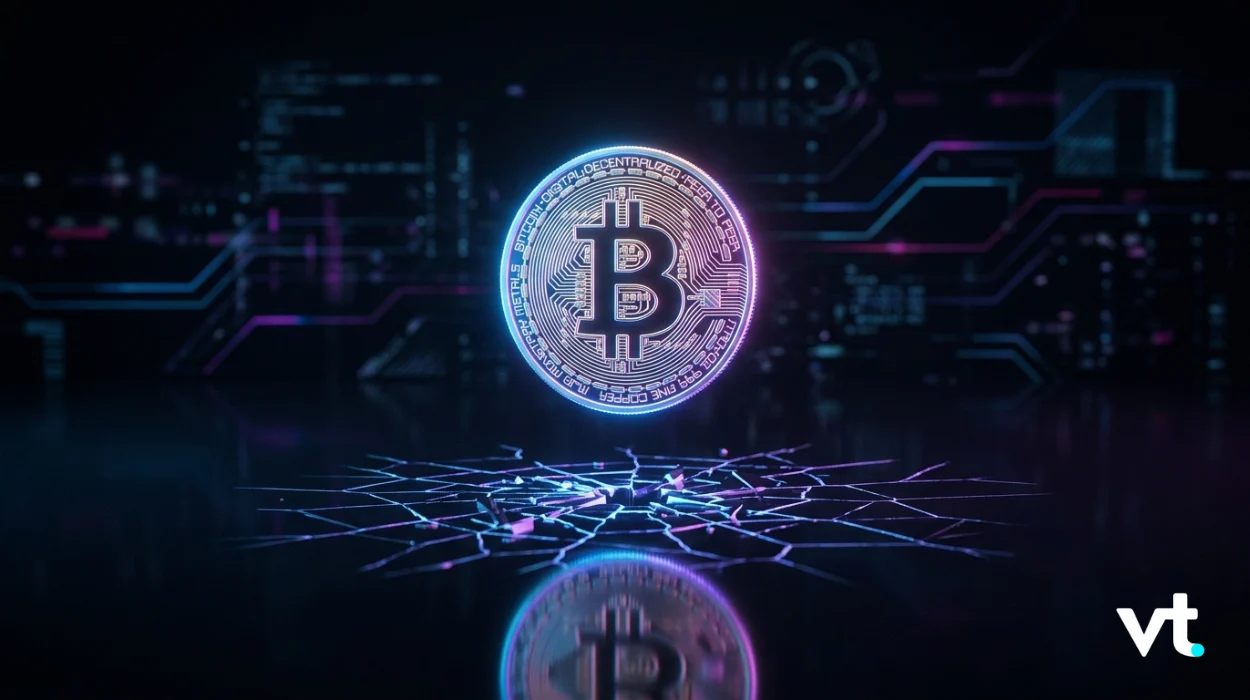 Glowing Bitcoin coin hovering above a neon circuit network with a reflective surface.