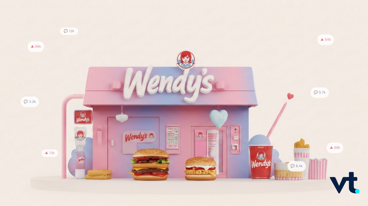 Pastel Wendy's storefront toy model with two burgers, fries, a drink, and heart props on a pale pink background edge, brand logo in corner