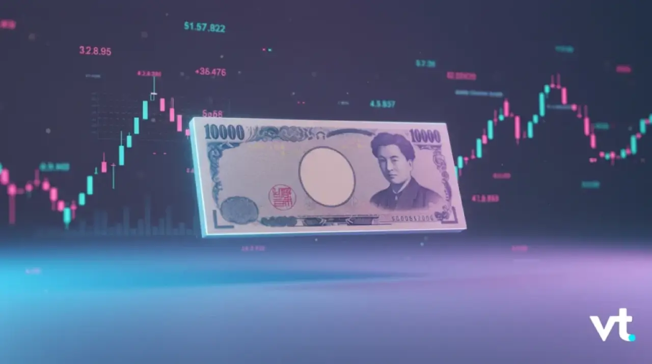 Floating Japanese 10,000-yen note over a colorful stock market chart with a VT logo in the corner