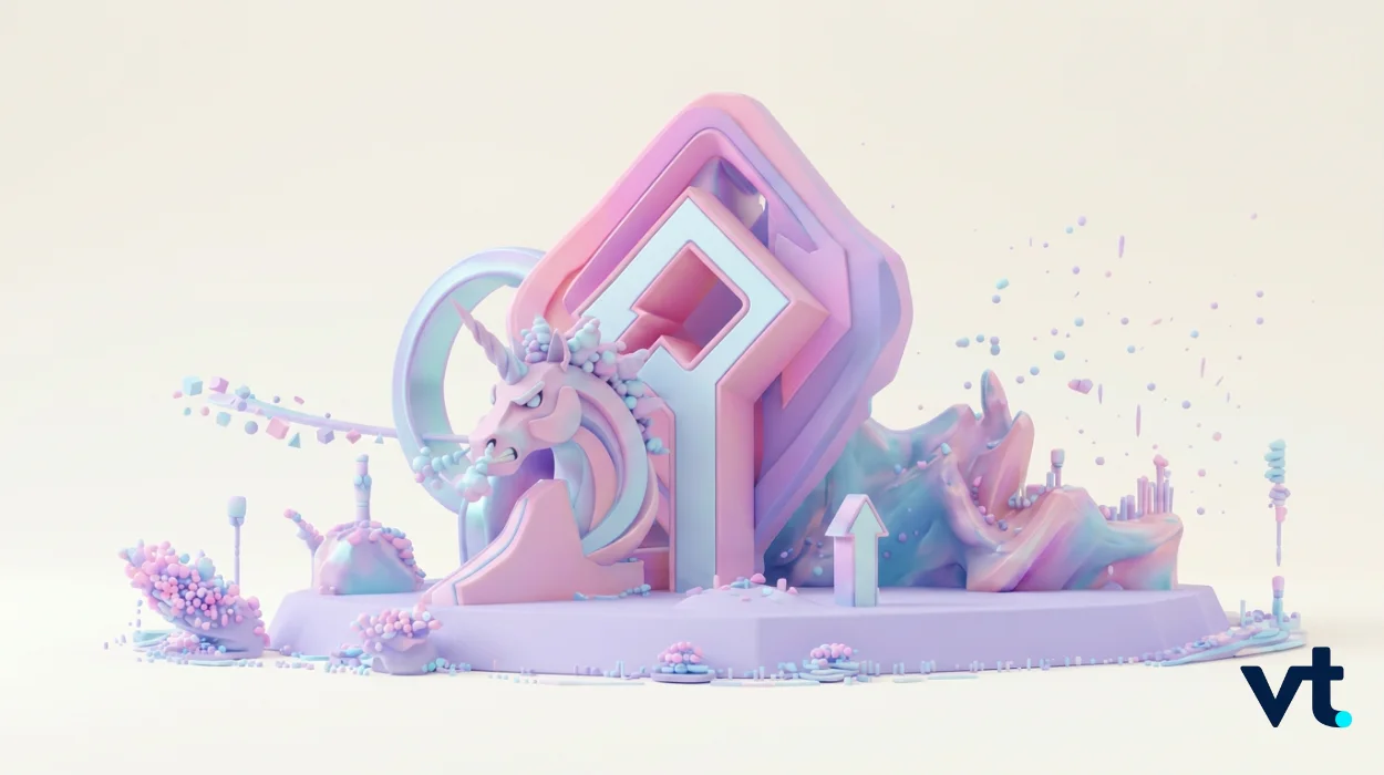 Pastel 3D-rendered sculpture with a pink unicorn, geometric arch, and abstract landscape on a pale platform; VT logo in the corner.