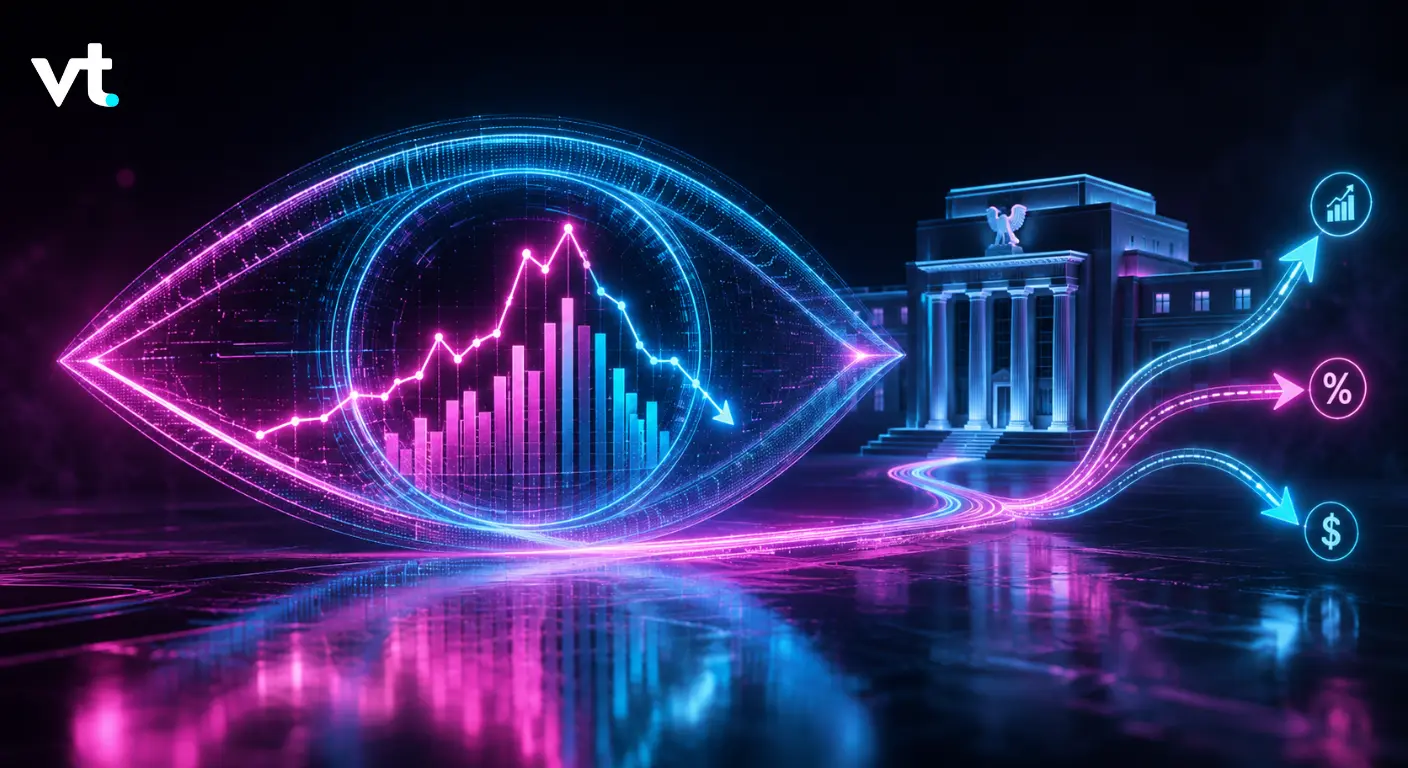 Neon futuristic eye containing a bar chart and rising line graph, with glowing arrows suggesting growth near a classical building at night.