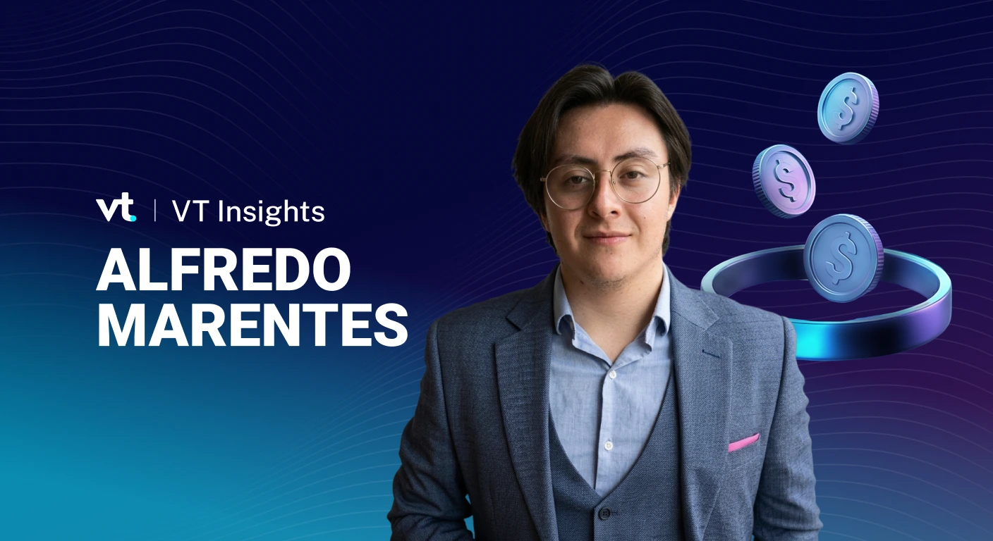 VT Insights banner with Alfredo Marentes in a blue suit against a blue gradient and floating coins.