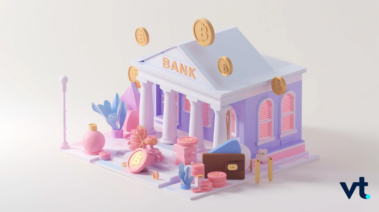 Pastel 3D illustration of a whimsical bank building with floating Bitcoin coins, symbolizing cryptocurrency banking.