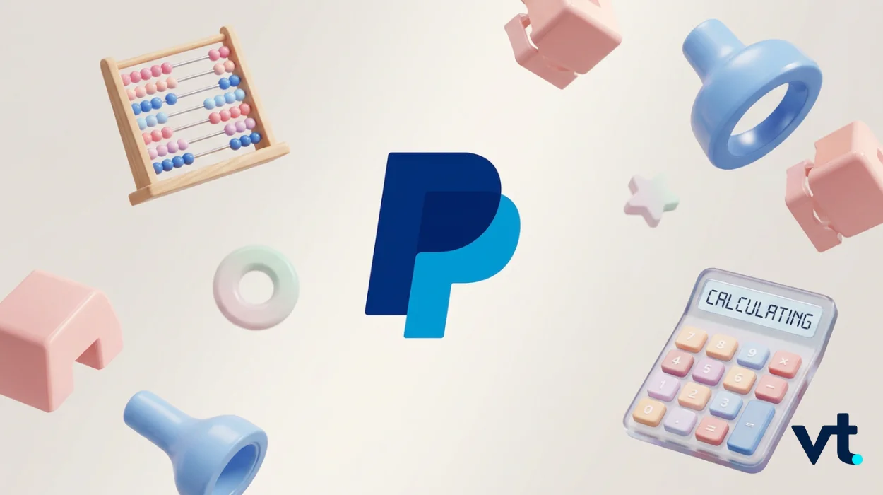 Pastel 3D scene with a blue PayPal-like logo floating among an abacus, a calculator marked CALCULATING, and toy blocks.
