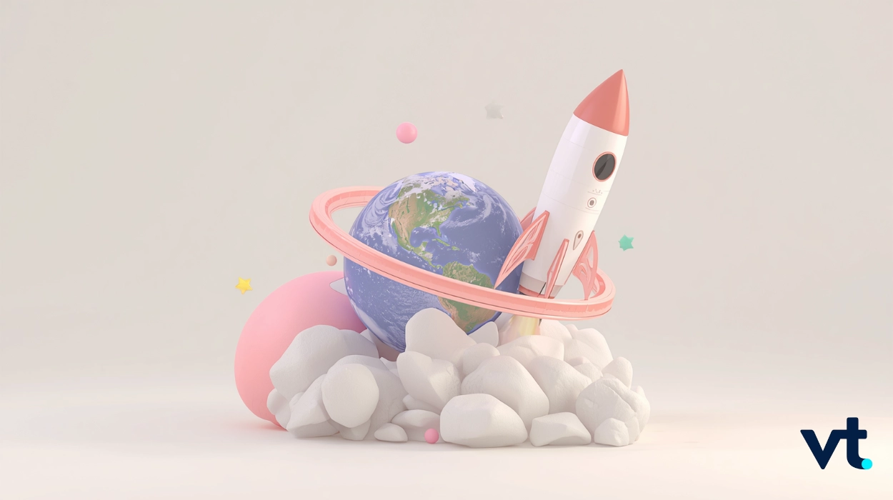 3D pastel illustration of a rocket launching around Earth with pink rings and fluffy white clouds; vt logo bottom right.