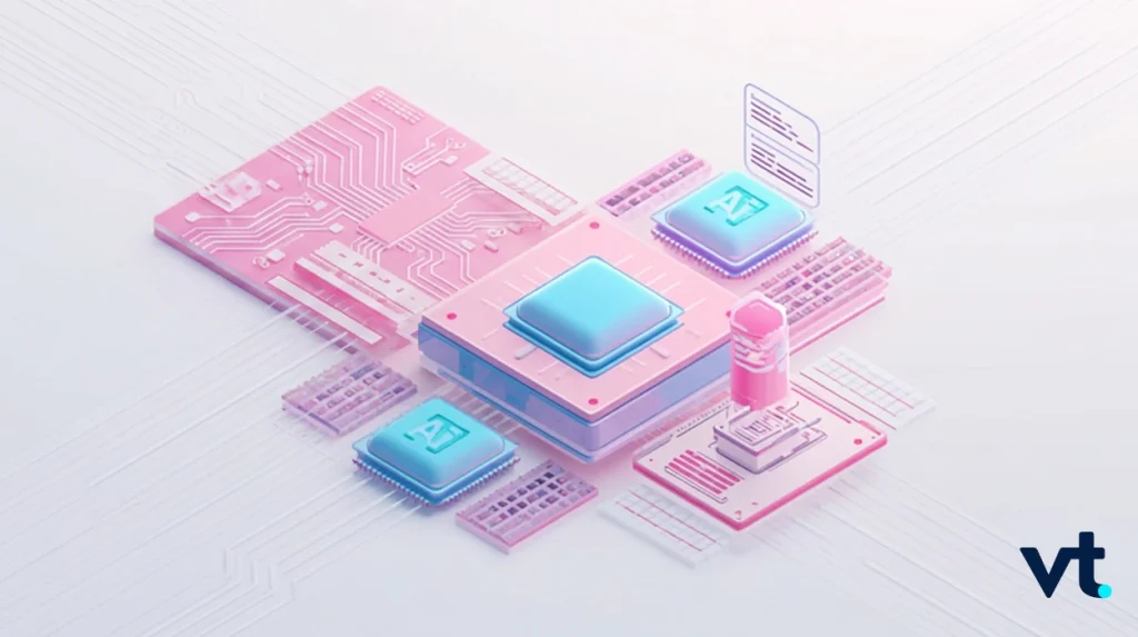 Abstract pink and blue microchips and circuit-board components forming an AI-themed cluster, with a VT logo in the corner.