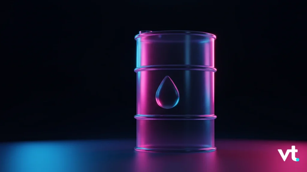 Neon-lit metal oil drum with a droplet emblem, bathed in pink and blue light against a dark background.