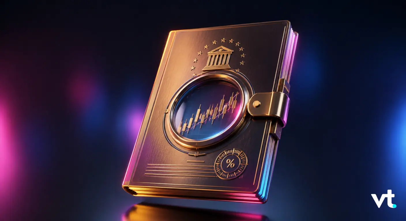 Gold-toned secured notebook or vault with a circular magnifying lens showing a stock chart, illuminated by pink and blue neon lighting.