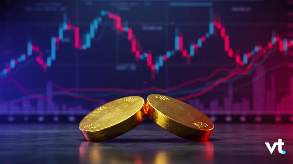 Two gold coins leaning together on a glossy surface with a multicolored stock chart (candlesticks) in the background.
