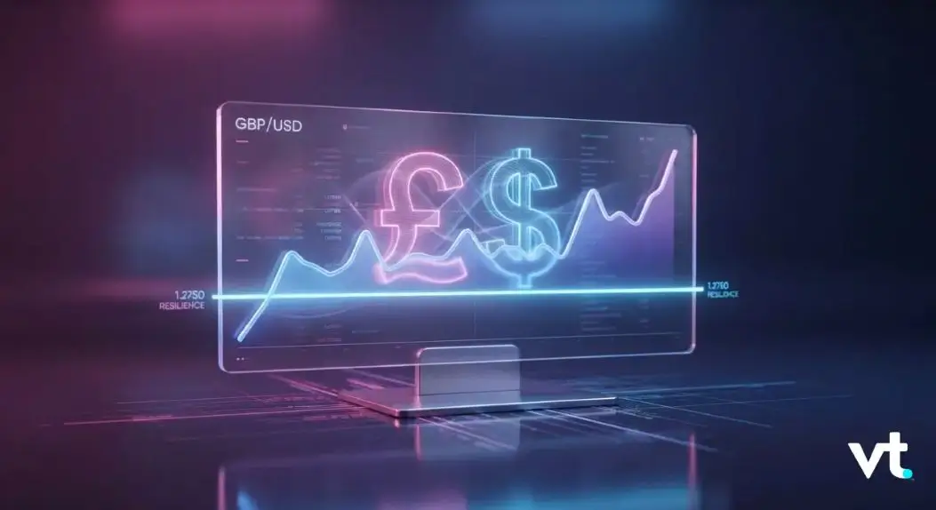 Neon holographic forex chart on a glass screen showing GBP/USD with glowing currency symbols and a rising line, vt logo bottom right