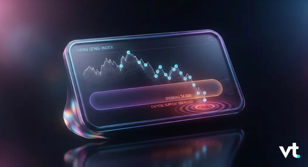 Futuristic curved dashboard showing a Hang Seng Index stock chart with glowing data points and a rolling indicator, vt logo bottom right.