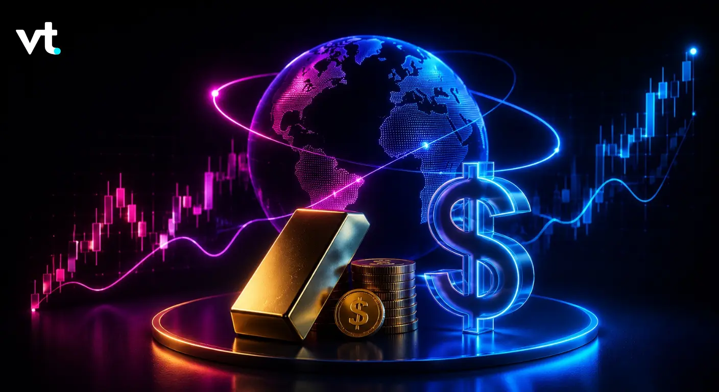 Neon-lit globe with a large glowing dollar sign, gold bar, coins, and stacked cash on a circular platform, representing global finance and currency trading.
