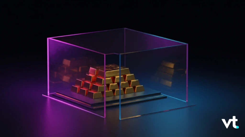 Pyramid of gold bars inside a transparent glass display case with pink and blue neon lighting.