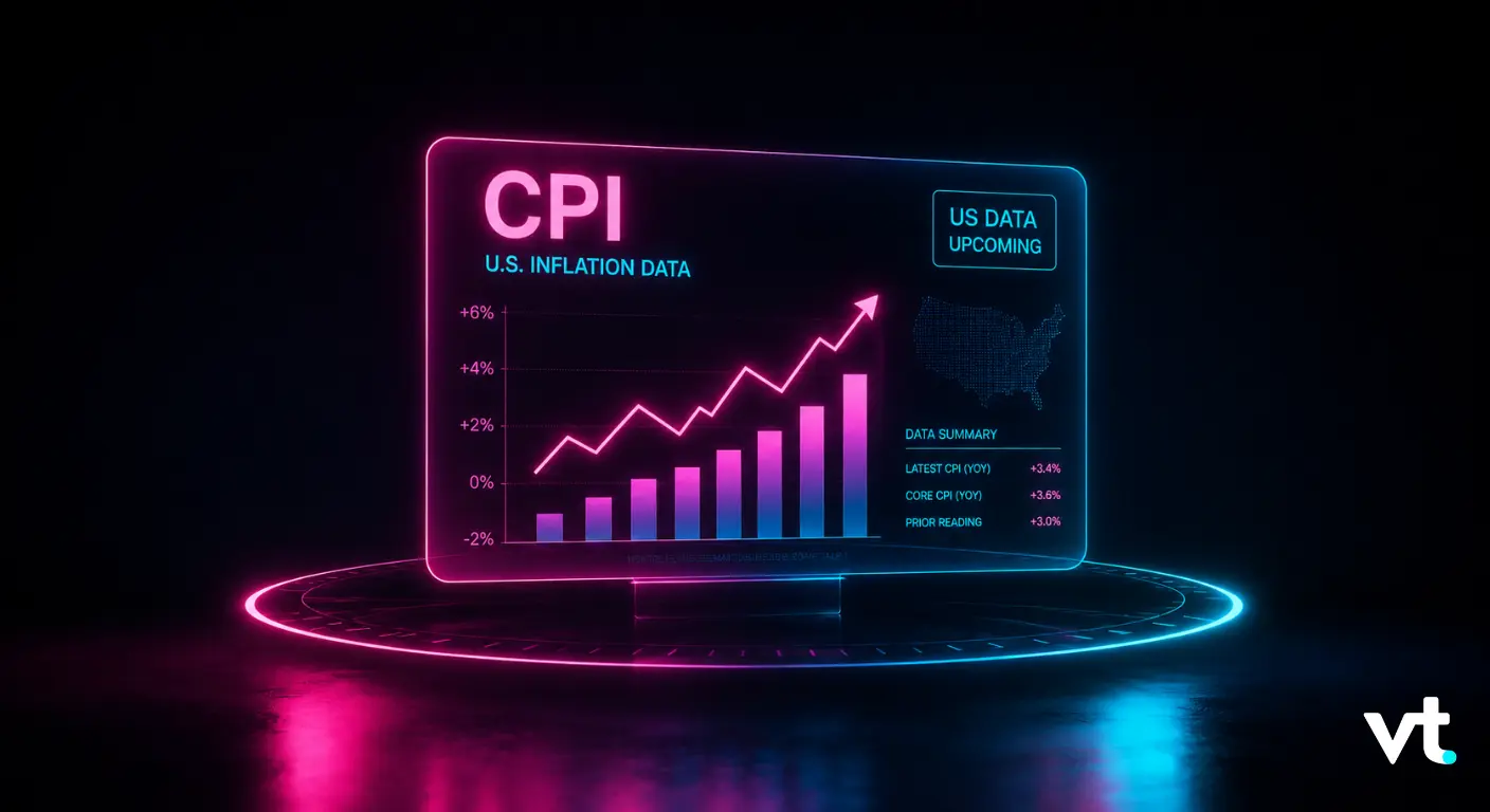 Neon-lit dashboard showing U.S. CPI inflation data with a rising pink line and bar chart on a dark background.