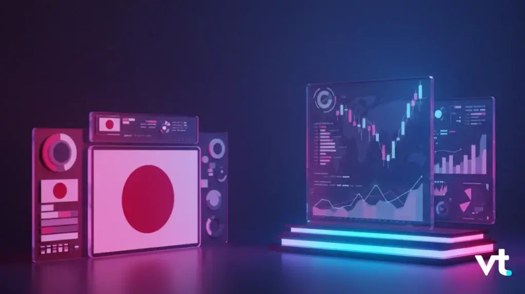 Futuristic data visualization setup with glowing dashboards and charts on transparent screens, pink and blue lighting.