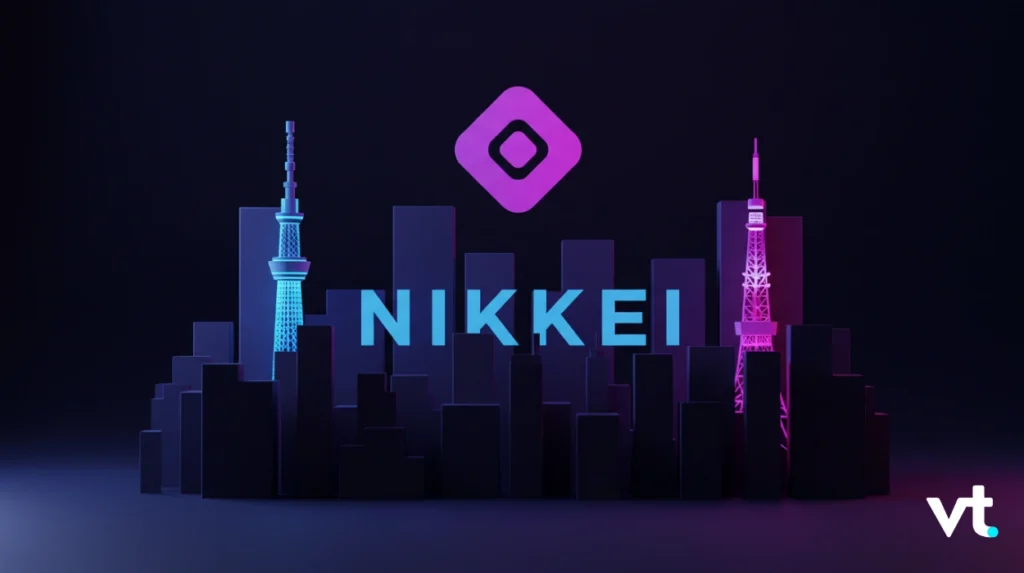 Neon-lit city skyline with blue and pink lights, the word NIKKEI across the center and a purple diamond logo above; VT logo bottom right.