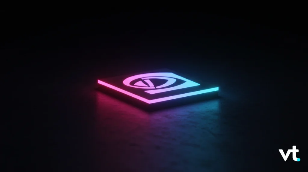 Neon-lit square tile with a central circular emblem, pink-to-blue gradient, on a dark surface; vt brand logo bottom right.