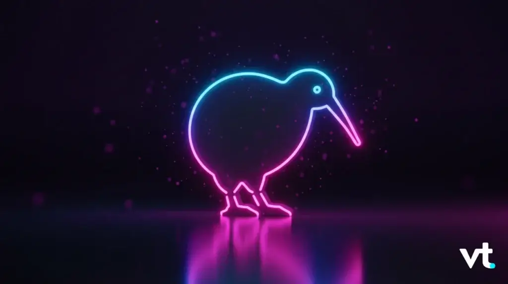 Neon outline of a bird with a long curved beak, glowing blue to pink, reflected on a dark surface.