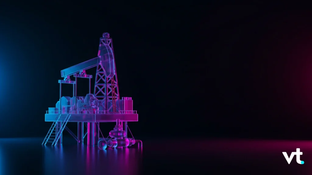 Neon-lit 3D model of an offshore oil rig on a reflective surface with blue and pink lighting, VT logo in the corner.